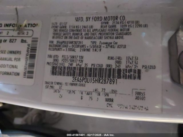 3FA6P0LU5HR287891 Ford Fusion Hybrid Se