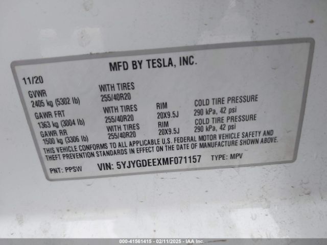 5YJYGDEEXMF071157 Tesla Model Y Long Range Dual Motor All-wheel Drive