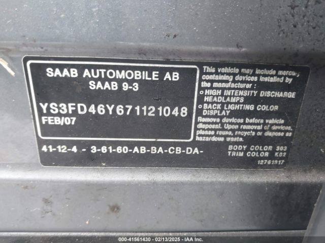 2007 SAAB 9-3 YS3FD46Y671121048 Photo 8