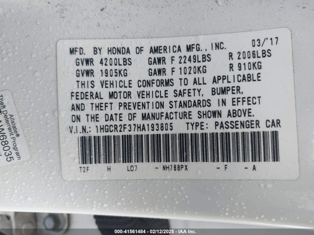 Honda ACCORD LX 2017 1HGCR2F37HA193805 Image 9