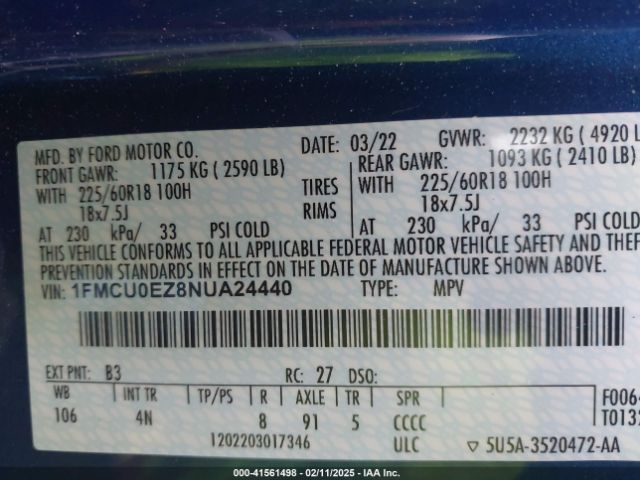 1FMCU0EZ8NUA24440 Ford Escape Se Plug-in Hybrid