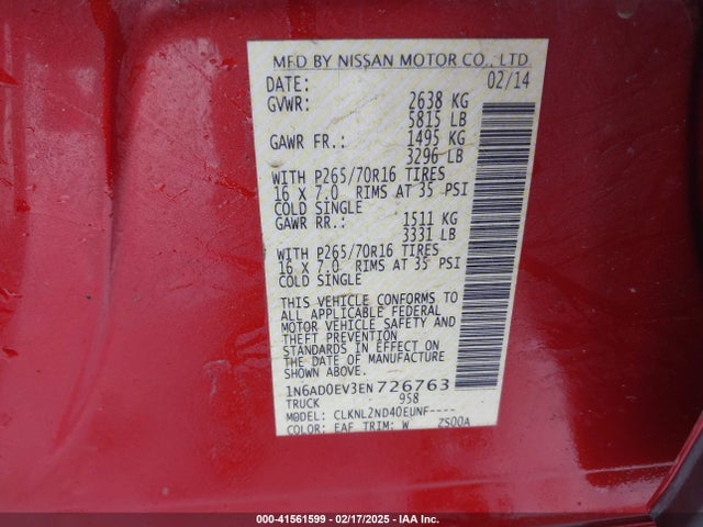 1N6AD0EV3EN726763 Nissan Frontier