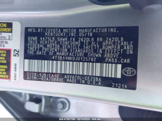 2018 TOYOTA CAMRY 4T1B11HK0JU125782 Photo 8
