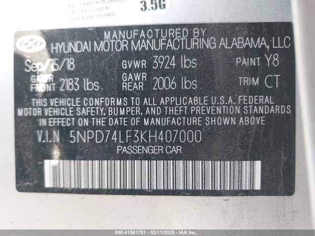 Hyundai ELANTRA SE 2019 5NPD74LF3KH407000 Image 9