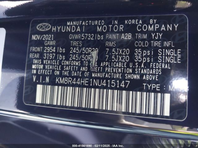 KM8R44HE1NU415147 Hyundai Palisade Sel
