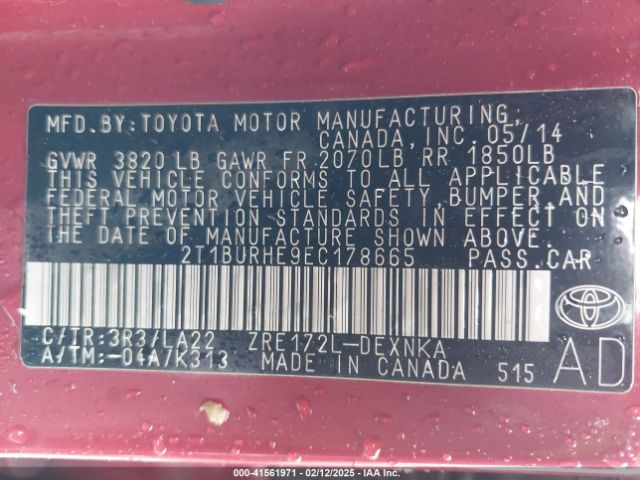 2T1BURHE9EC178665 Toyota Corolla Le Premium