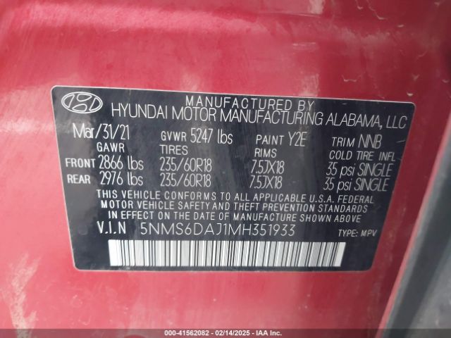 5NMS6DAJ1MH351933 Hyundai Santa Fe Sel