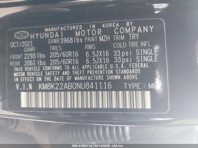 KM8K22AB0NU841116 Hyundai Kona Se