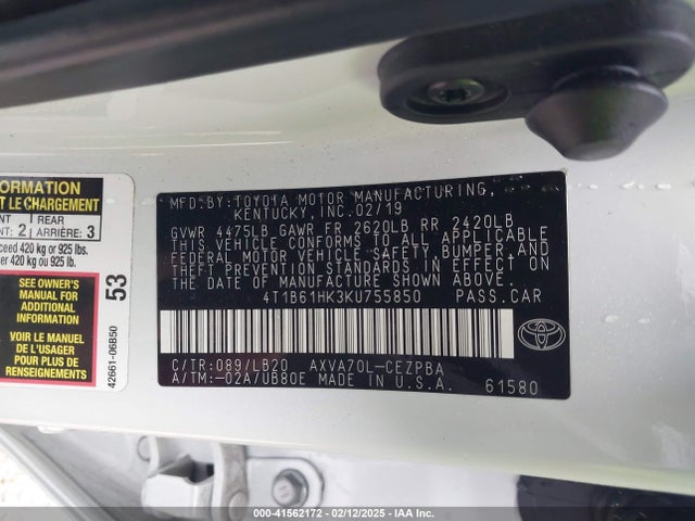 4T1B61HK3KU755850 Toyota CAMRY XSE