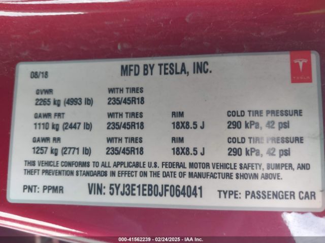 5YJ3E1EB0JF064041 Tesla Model 3 Long Range/performance