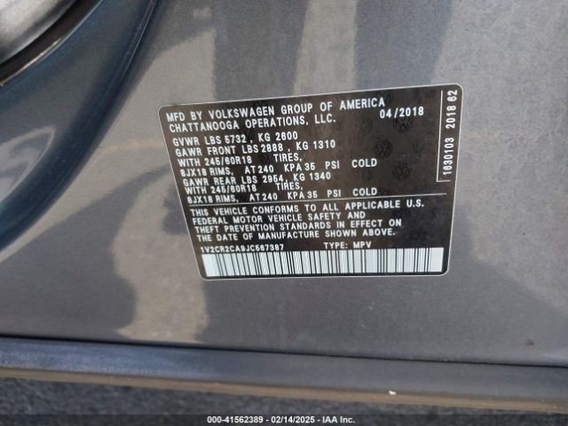 1V2CR2CA9JC567387 Volkswagen Atlas 3.6l V6 Se
