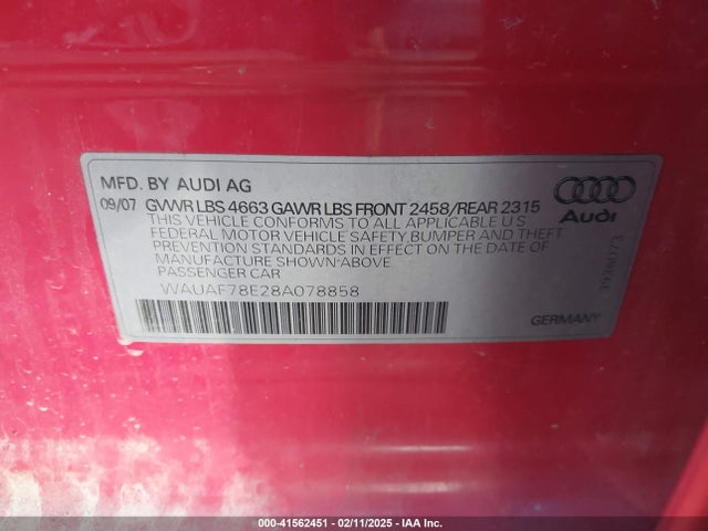 2008 AUDI A4 WAUAF78E28A078858 Photo 8