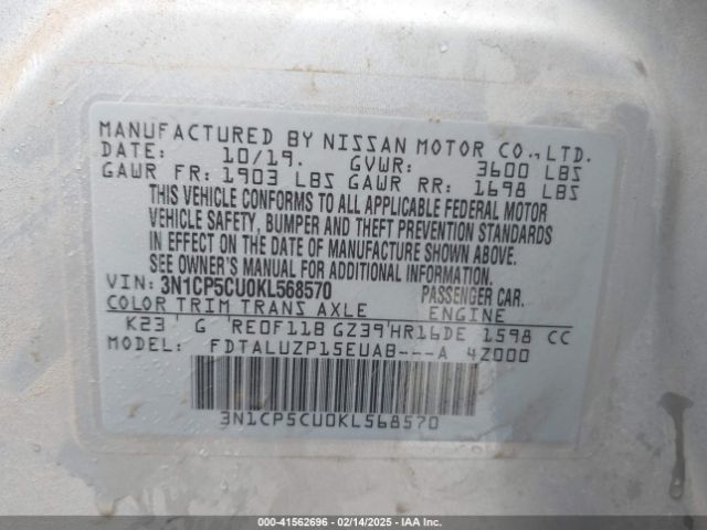 3N1CP5CU0KL568570 Nissan KICKS SR
