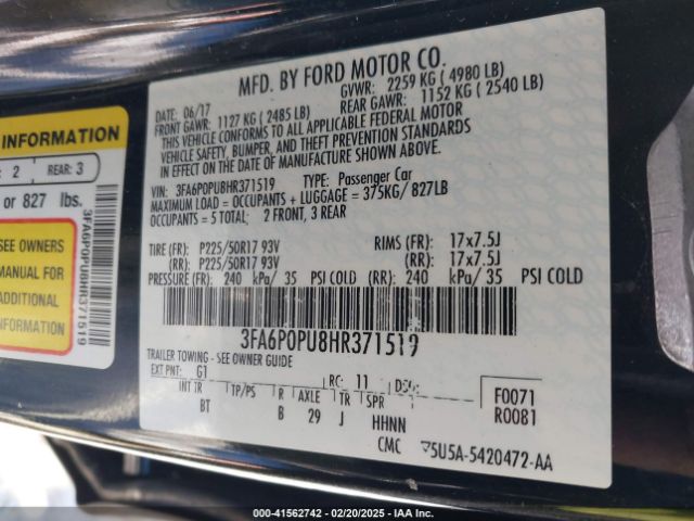3FA6P0PU8HR371519 Ford Fusion Energi Se Luxury