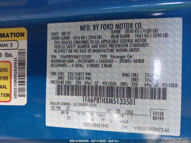 2021 FORD MUSTANG 1FA6P8THXM5133501 Photo 8
