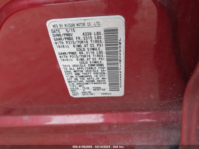 JN8AS5MT7FW666038 Nissan Rogue Select S