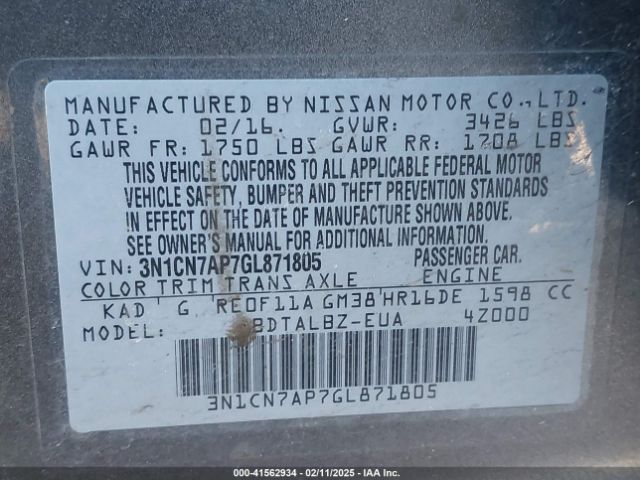 3N1CN7AP7GL871805 Nissan Versa 1.6 S/1.6 S+/1.6 Sl/1.6 Sv