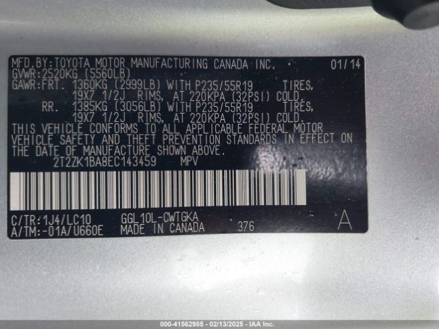2T2ZK1BA8EC143459 Lexus RX 350