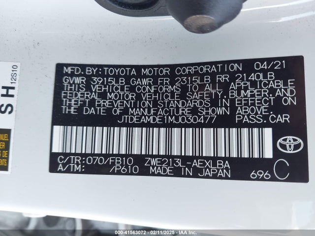 JTDEAMDE1MJ030477 Toyota Corolla Hybrid Le