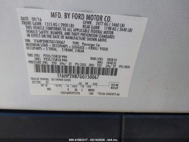 1FAHP2H87GG150067 Ford TAURUS SEL