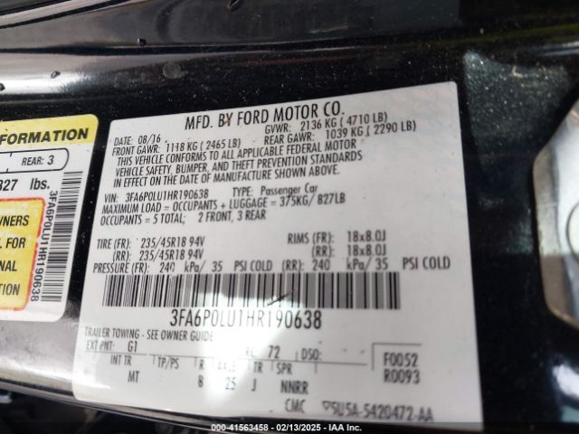 3FA6P0LU1HR190638 Ford Fusion Hybrid Se