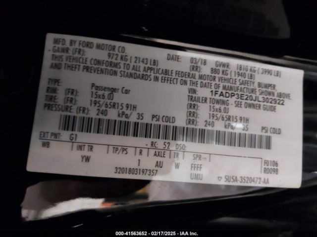1FADP3E20JL302922 Ford FOCUS S