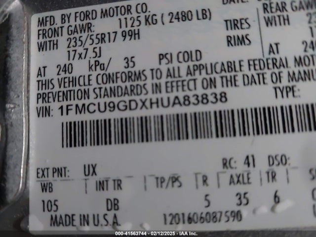 1FMCU9GDXHUA83838 Ford ESCAPE SE