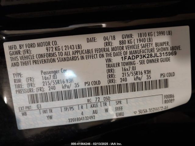 1FADP3K28JL315969 Ford FOCUS SE