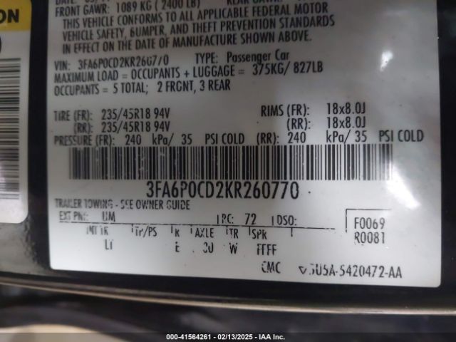 3FA6P0CD2KR260770 Ford FUSION SEL