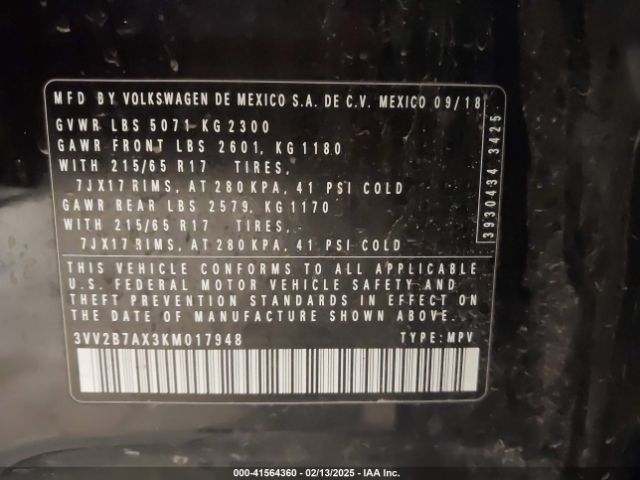 3VV2B7AX3KM017948 Volkswagen Tiguan 2.0t Se/2.0t Sel/2.0t Sel R-line/2.0t Sel R-line Black