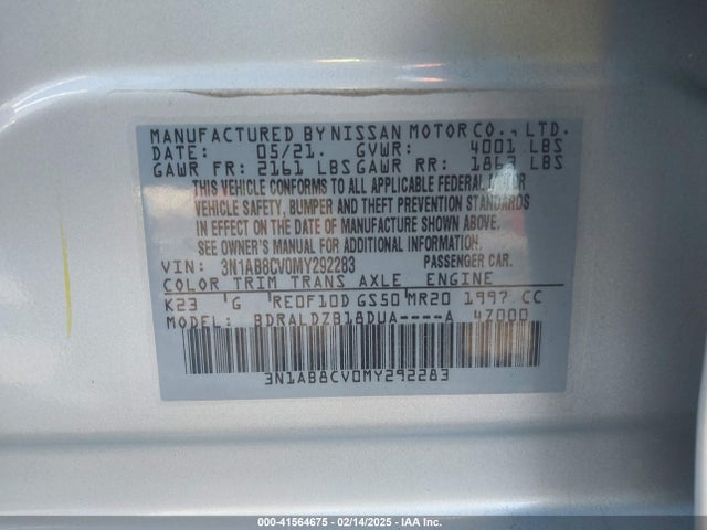 3N1AB8CV0MY292283 Nissan Sentra Sv Xtronic Cvt