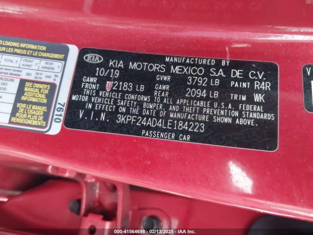 3KPF24AD4LE184223 KIA Forte Lxs
