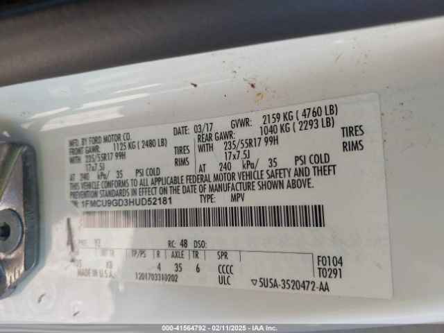 1FMCU9GD3HUD52181 Ford ESCAPE SE