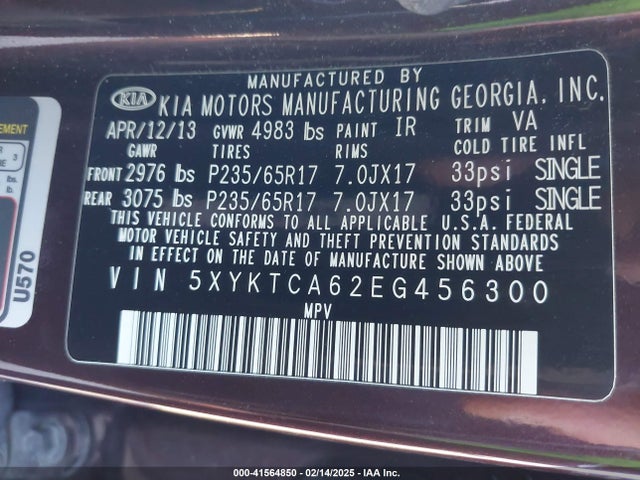 KIA SORENTO LX 2014 5XYKTCA62EG456300 Image 9