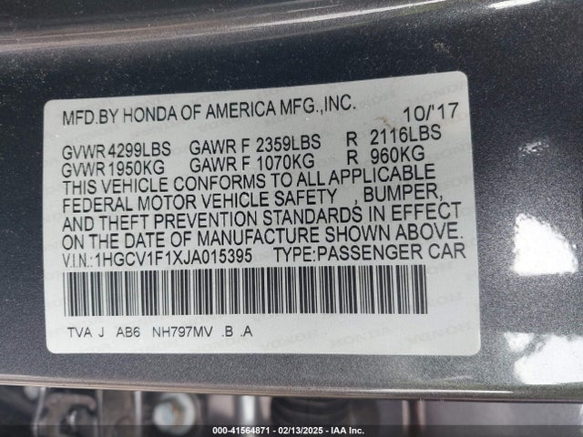 Honda ACCORD LX 2018 1HGCV1F1XJA015395 Image 9