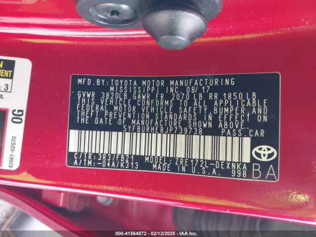 5YFBURHE8JP739738 Toyota COROLLA LE