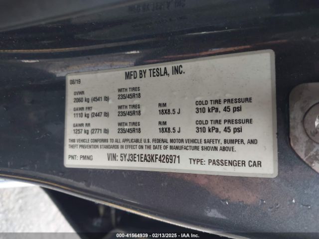 5YJ3E1EA3KF426971 Tesla Model 3 Long Range/mid Range/standard Range/standard Range Plus