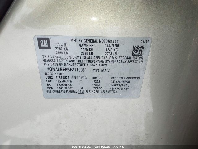 1GNALBEK5FZ119031 Chevrolet EQUINOX 1LT