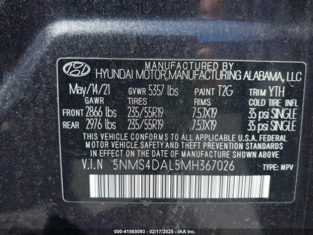 5NMS4DAL5MH367026 Hyundai Santa Fe Limited
