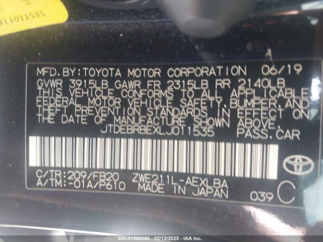 JTDEBRBEXLJ011535 Toyota Corolla Hybrid Le