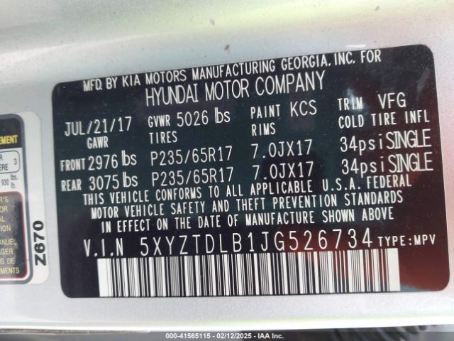 5XYZTDLB1JG526734 Hyundai Santa Fe Sport 2.4l