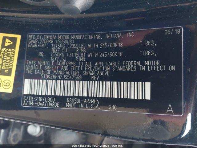 5TDKZRFH7JS547569 Toyota Highlander Xle