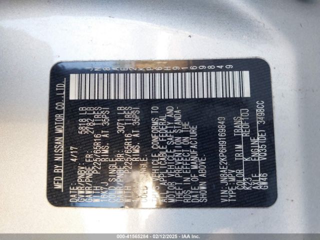JN8AE2KP6H9169849 Nissan Quest Sv