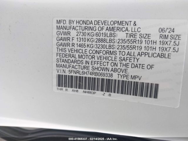 5FNRL6H74RB069338 Honda Odyssey Sport