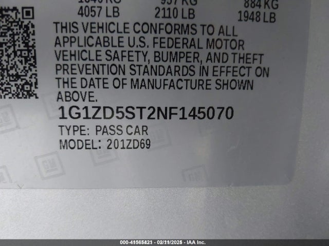 1G1ZD5ST2NF145070 Chevrolet Malibu Fwd Lt