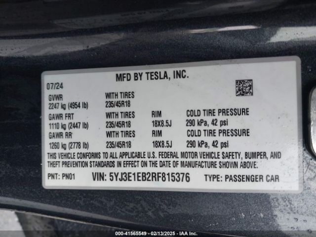 5YJ3E1EB2RF815376 Tesla Model 3 Long Range Dual Motor All-wheel Drive