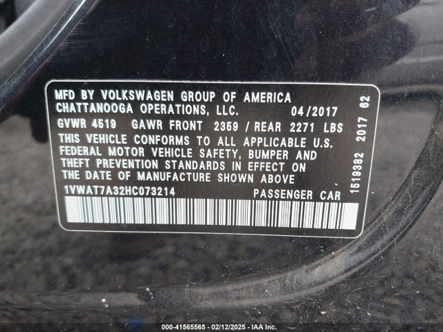 Aukcja sprzedaży 2017 Volkswagen Passat 1.8t S, vin: 1VWAT7A32HC073214, numer aukcji: 41565565