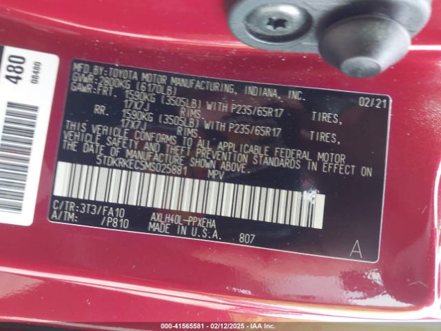 5TDKRKEC5MS025881 Toyota SIENNA LE