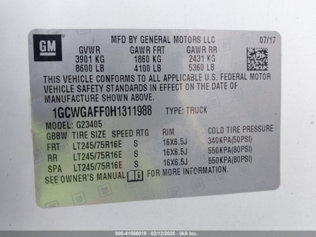 1GCWGAFF0H1311988 Chevrolet Express 2500 Work Van