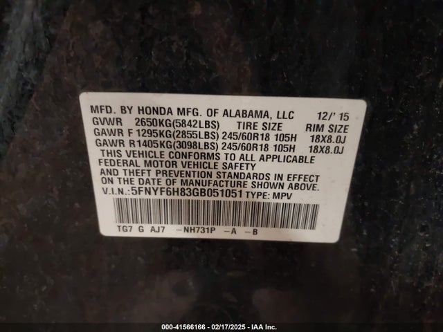 Honda Pilot Ex-l 2016 5FNYF6H83GB051051 Image 9